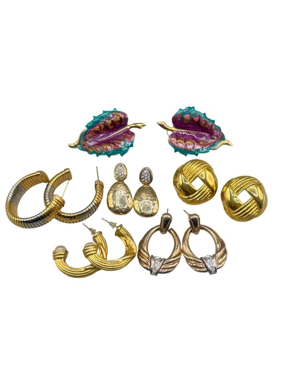 Vintage Chunky Gold Tone Earrings Pierced 1980s Glam Regency - Lot of 6 Pair